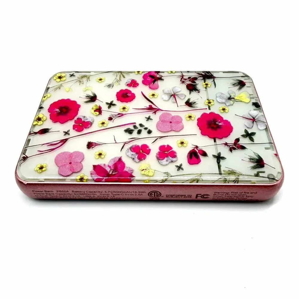 Heyday 5000mAh Floral Power Bank USB-C Portable Charger Pink Pressed Flower